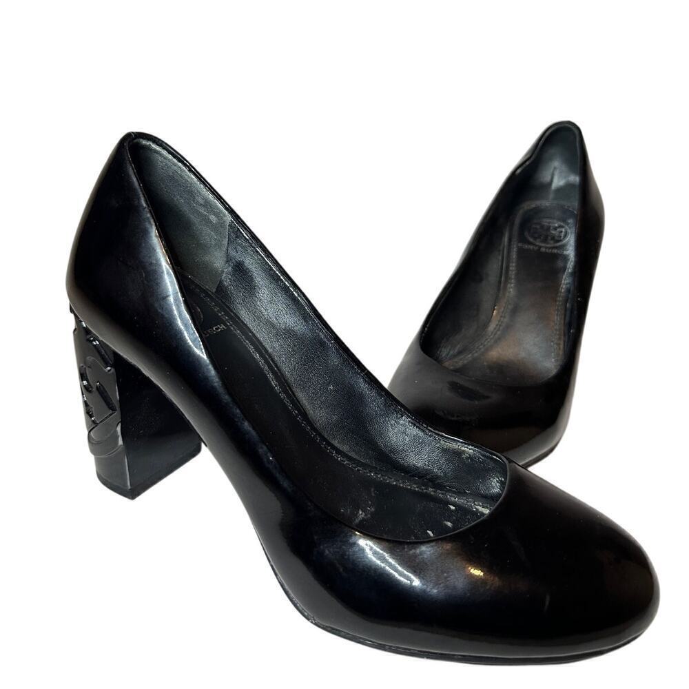 Tory Burch Size 6.5 Logo Black Patent Leather Pump Heels Workwear Office Siren